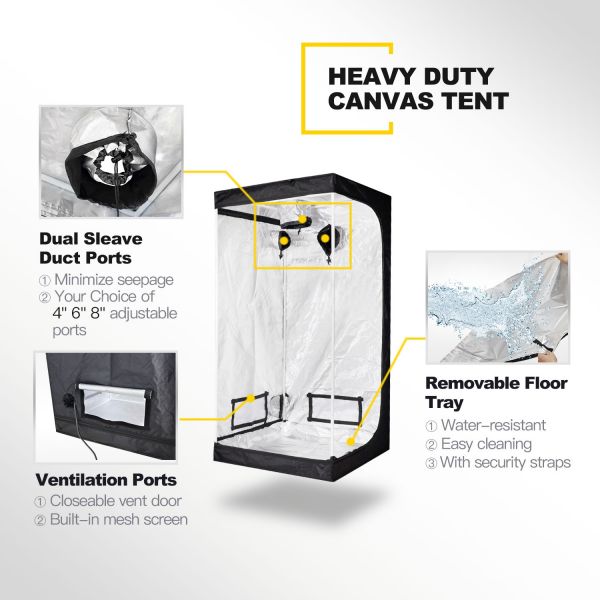 iPower 48"x24"x60" Hydroponic Water-Resistant Grow Tent with Removable Floor Tray for Indoor Seedling Plant Growing, 2'x4'