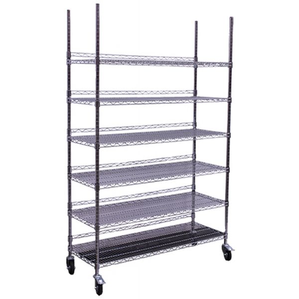 Hydro Flow Commercial Grade Chrome Storage Rack - 6 Shelves w- Backstop & Casters