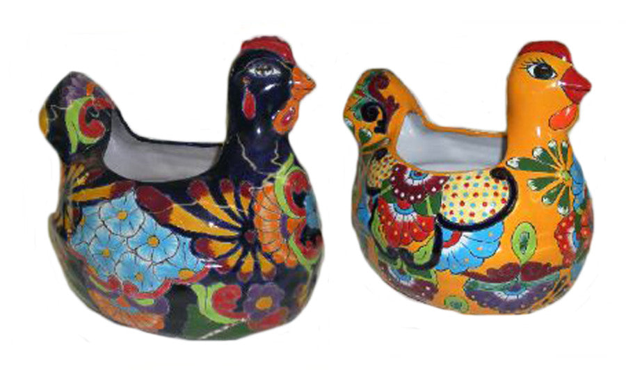 Talavera Chicken Planters #1-Blue Yellow, 12 in