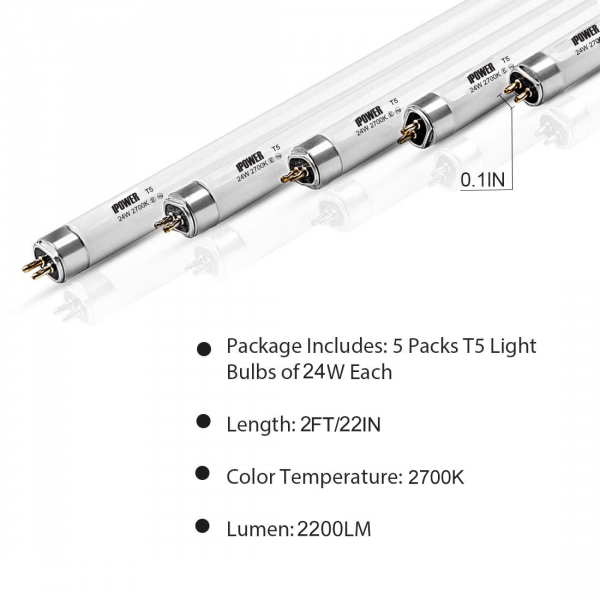 iPower 5 Pack 2FT 2700K 24W T5 Fluorescent Grow Lamp Light Bulbs