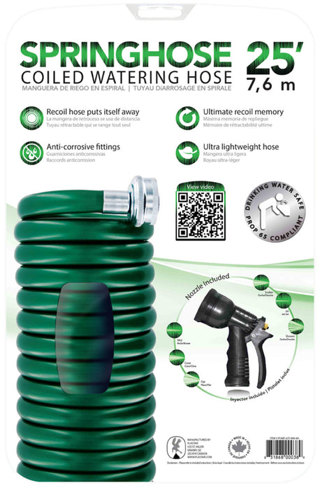 Plastair SpringHose Coiled Watering Hose with Nozzle-Green, 25 ft