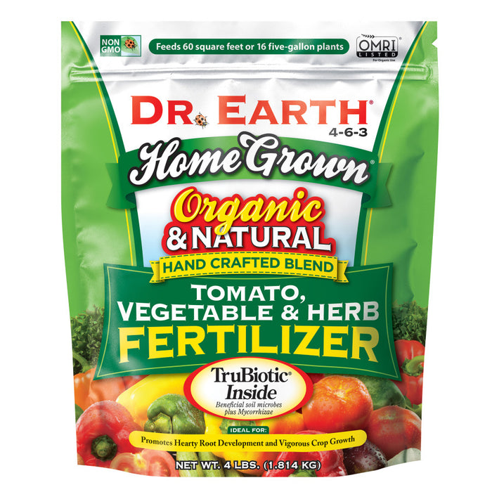 Dr. Earth Home Grown Premium Tomato, Vegetable & Herb Fertilizer 4-6-3-Green Poly Bag, 4 lb