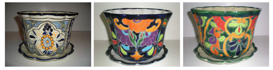 Talavera Pot with Saucer-Traditional Laurel Bicentenario, SM, 6 in