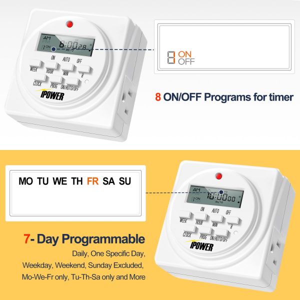 iPower 7 Day Programmable Digital Electric Timer, Dual Outlet, Grounded