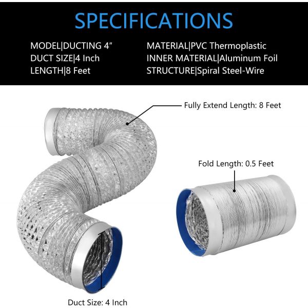 iPower 4 Inch 8 Feet ProDucting Aluminum Hose for HVAC Ventilation, 4 8ft, Ducting with Vent Ring