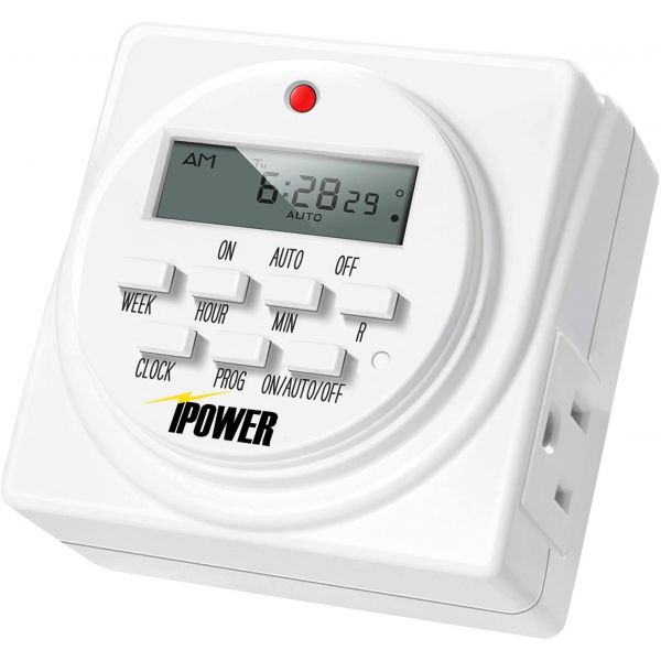 iPower 7 Day Programmable Digital Electric Timer, Dual Outlet, Grounded