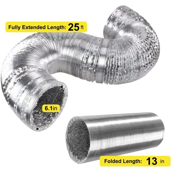 iPower 6 Inch by 25 feet duct, for dryer vent hose transition, Temperature range from 0 to 185+ ?F, 2 clamps included - 2 Pack