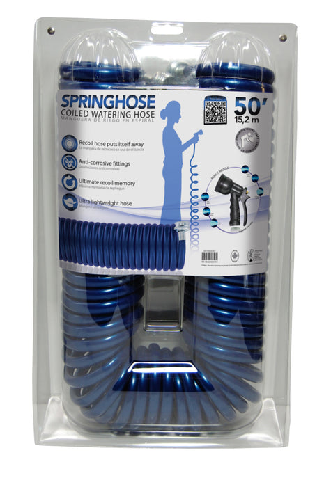 Plastair SpringHose Coiled Watering Hose with Nozzle-Blue, 50 ft