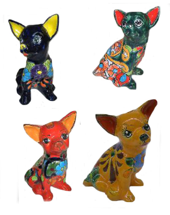 Talavera Chihuahuas Statue-Sitting, Blue/Green/Red/Yellow, 8 in