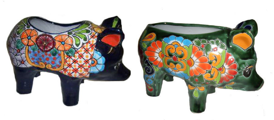 Talavera Pig Planters-Blue Green, 10 in