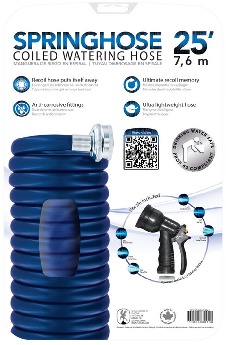 Plastair SpringHose Coiled Watering Hose with Nozzle-Blue, 25 ft