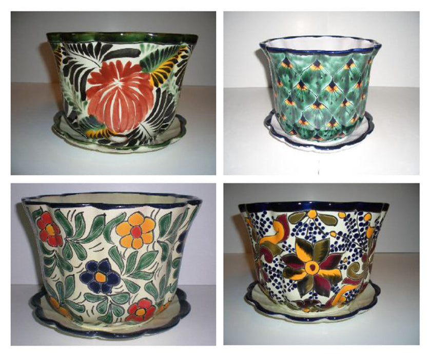 Talavera Pot with Saucer-Florentino Peacock Primavera/Violeta, SM, 6 in