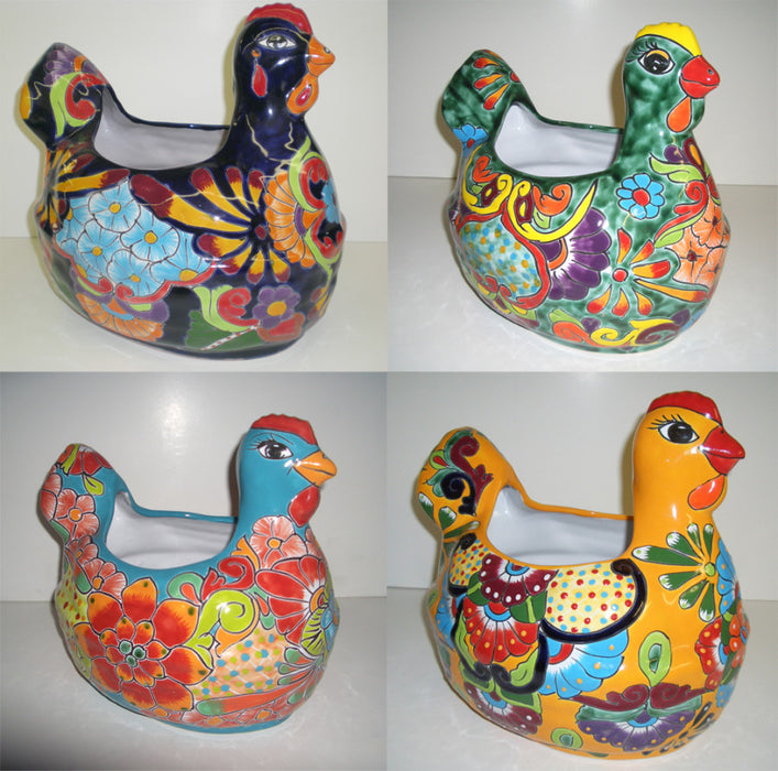 Talavera Chicken Planter-Blue Green Aqua Yellow, SM